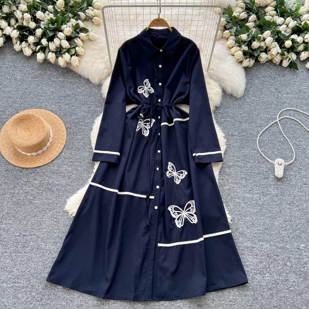 Elegant Butterfly Embroidered Polo-neck Vintage Long Sleeves Single Breasted Slim A-line Long Dress French High Street Clothing