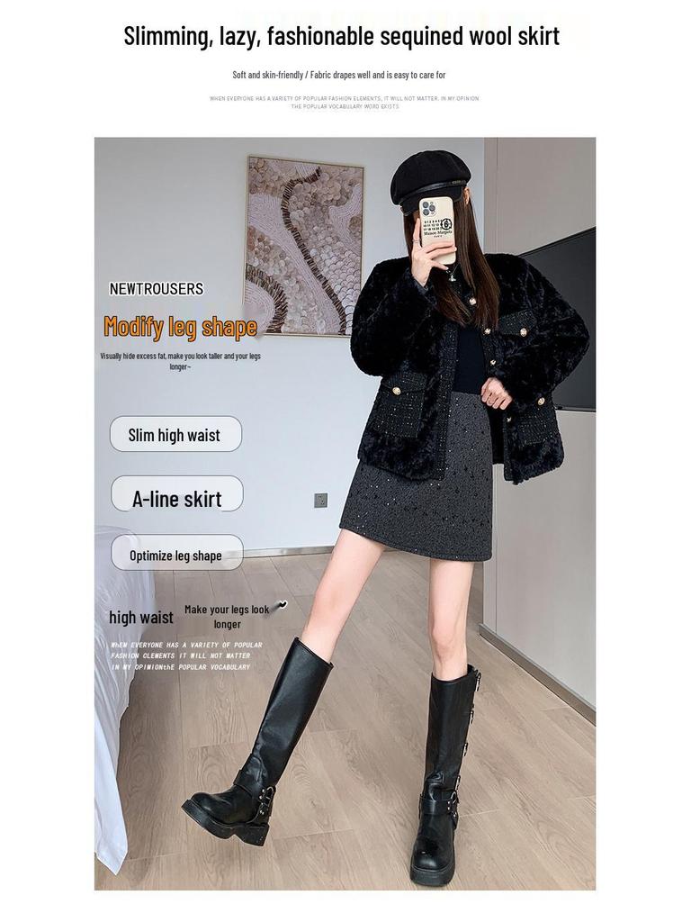 Women's High-Waist Sequined Wool A-line Skirt - Autumn/Winter