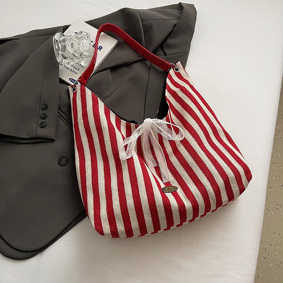 

Полосатая сумка-ведро через плечо с большой емкостью, в которую можно положить iPad (30cm<Max Length<50cm)