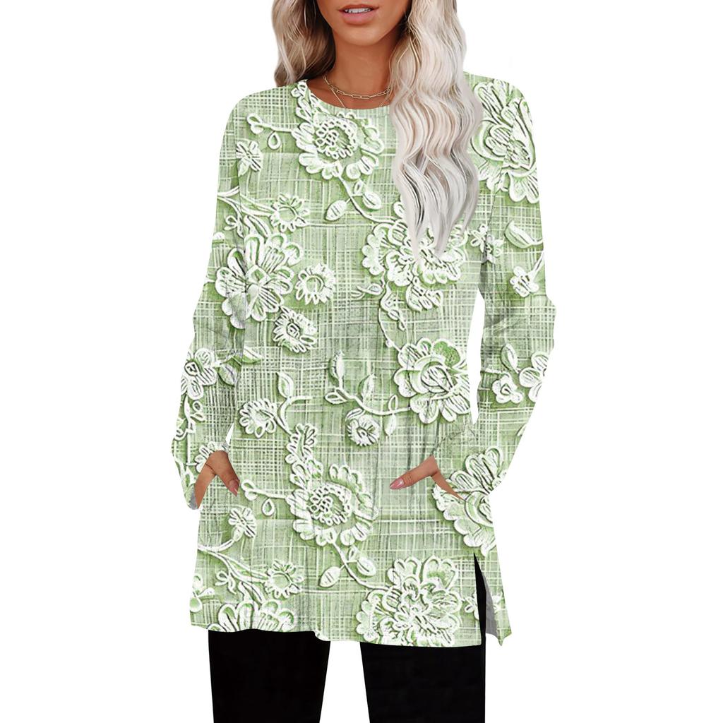 Womens Sweaters Crewneck Long Sleeve Shirts With Pockets Fall Outfits  Fashion Winter Clothing Side Slit