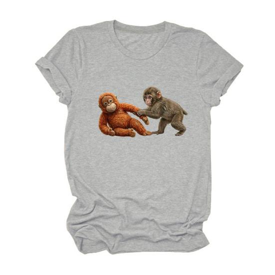 

Tee Shirt Round Neck Short Sleeve Monkey Pattern Pullover Tops Loose Fit Casual T-shirt Work Party Vacation Daily Wear S серый