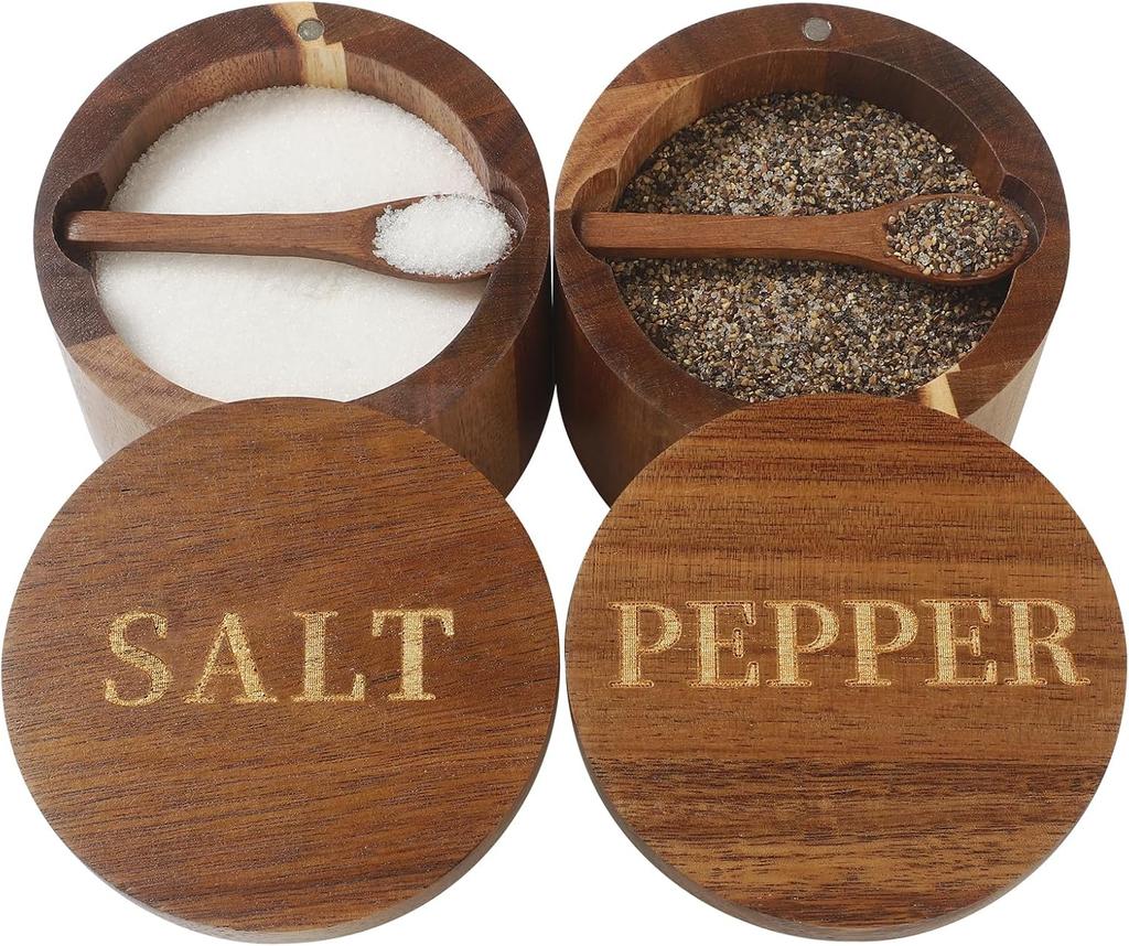 Bamboo Salt Cellar, 2 PCS Salt Container with Built-in Spoon, Salt Box Bowl with Magnetic Swivel Lid, Elegant Kitchen Salt Holder Saver Jar To Storage