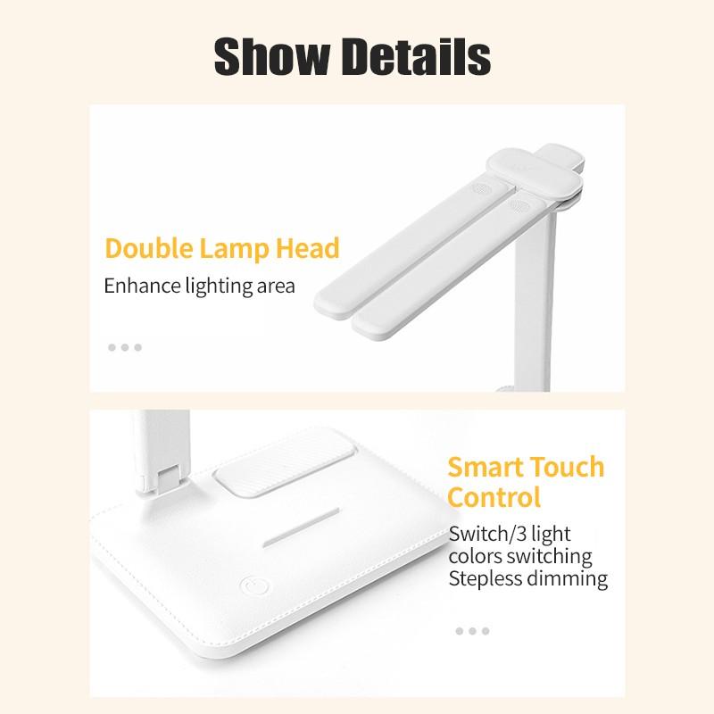 USB Rechargeable Table Lamp Adjustable Brightness Eye Protection Desk Light Touch Dimming Table Light LED Double-Head Desk Lamp With Holder
