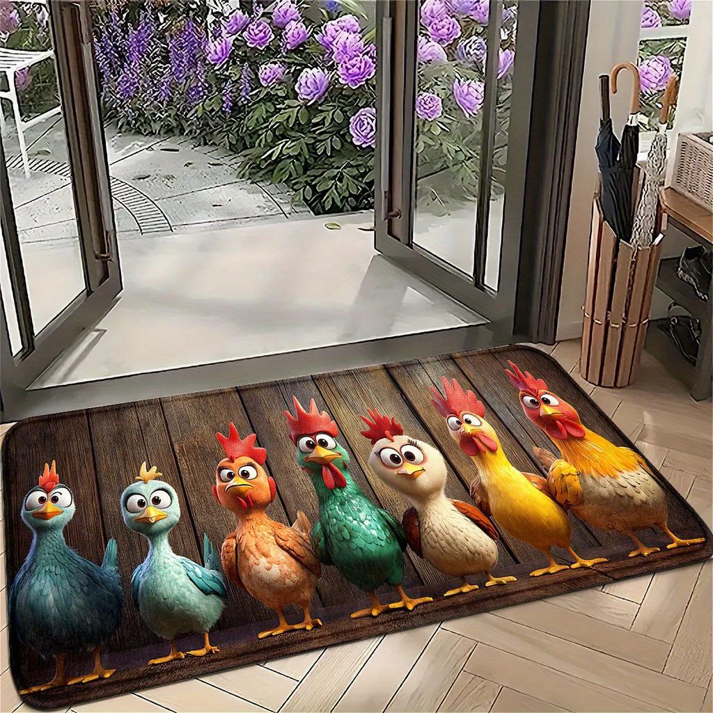 Cartoon Chicken Wood Grain Welcome Doormat, Non Slip Floor Mat for Kitchen Bathroom Patio and Balcony, Spring Summer Decor