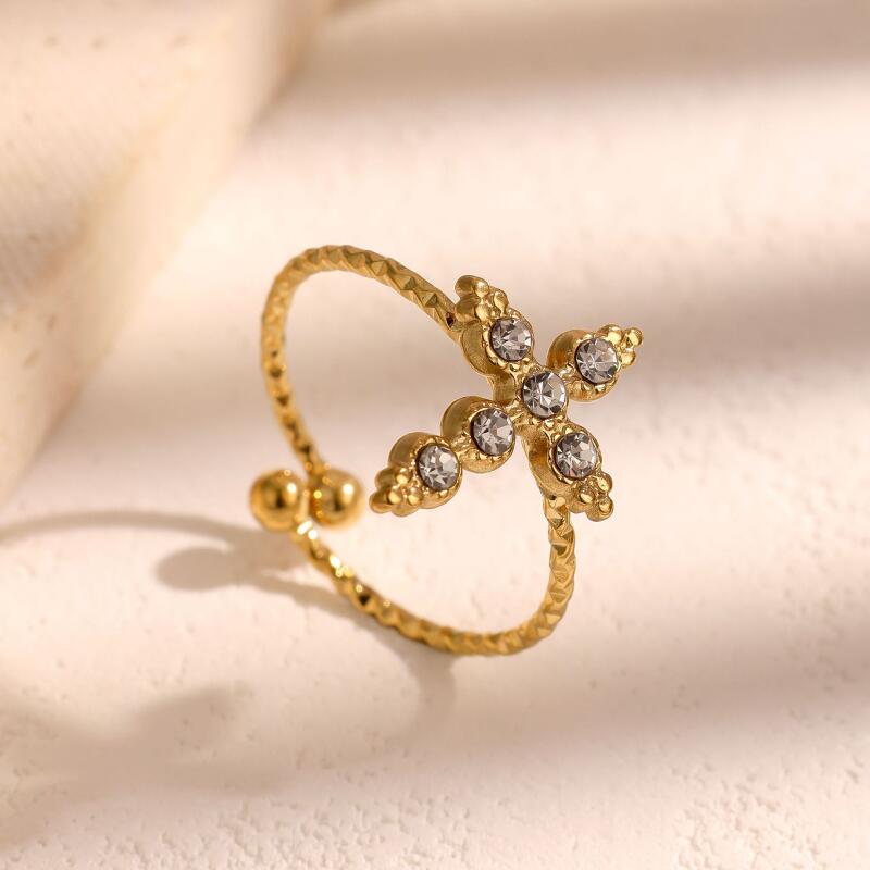 Stainless Steel Cross Opening Adjustable Ring for Women Men Classic Exquisite Rhinestone Finger Ring Banquet Jewelry Accessories