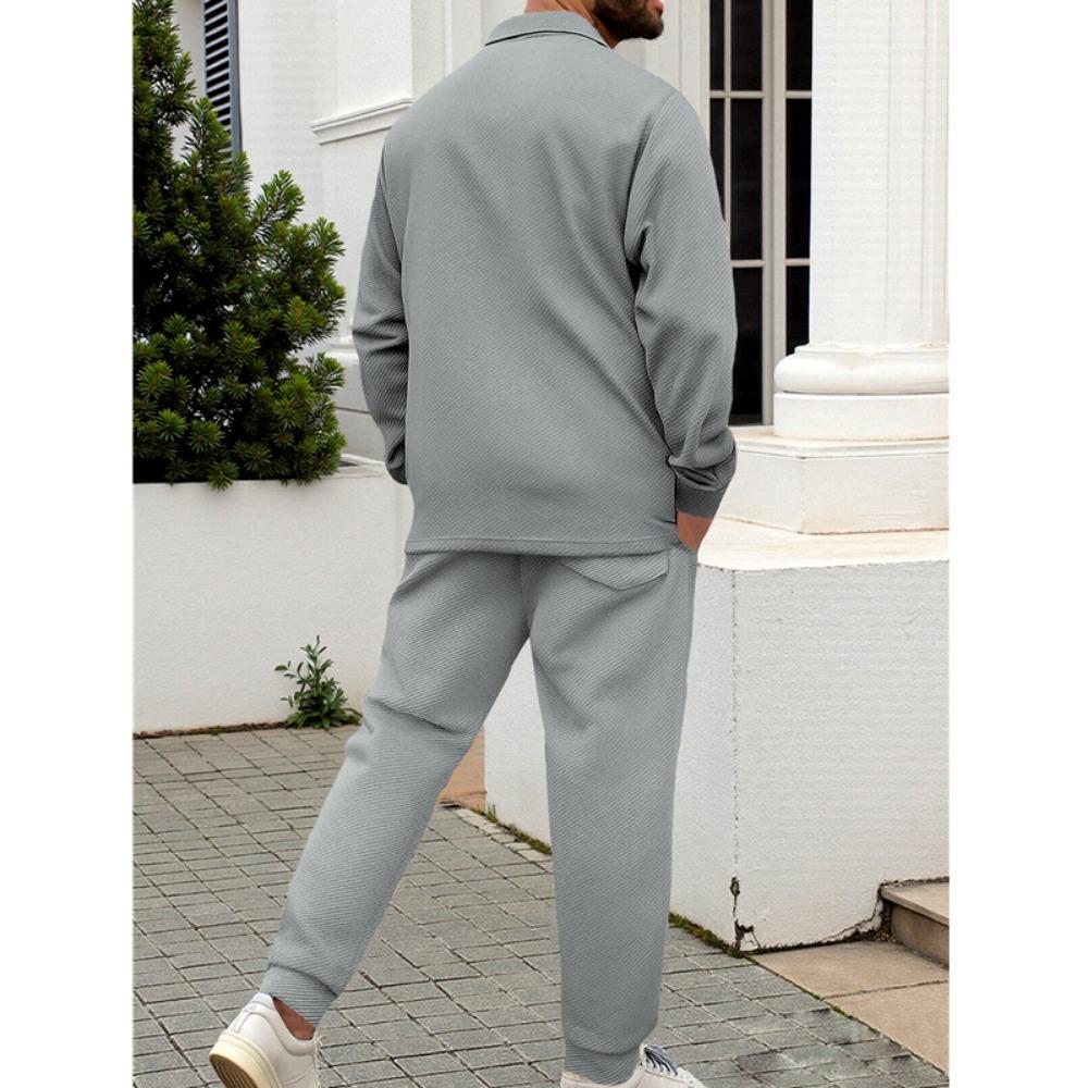 Men's Slim Fit Cardigan Jacket Single-breasted Pocket Long Sleeved Sportswear Elegant Two-Piece Set with Long Pants