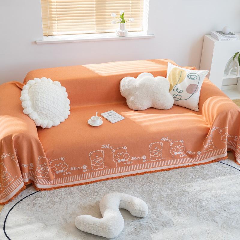 Cotton Linen Sofa Towel Cover Cartoon Bear Rabbit Couch Towel Universal for Seasons Non-slip Couch Dust Proof Decorative Blanket
