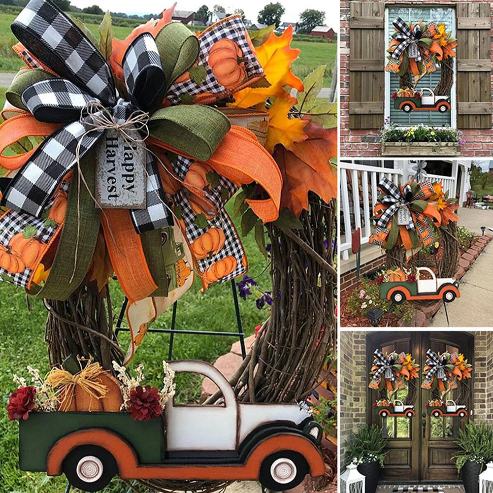 40CM Fall Pumpkin Cart Wreath Pendant Halloween Pumpkin Truck Garland for Front Door Windows Farmhouse Theme Festive Party Decor