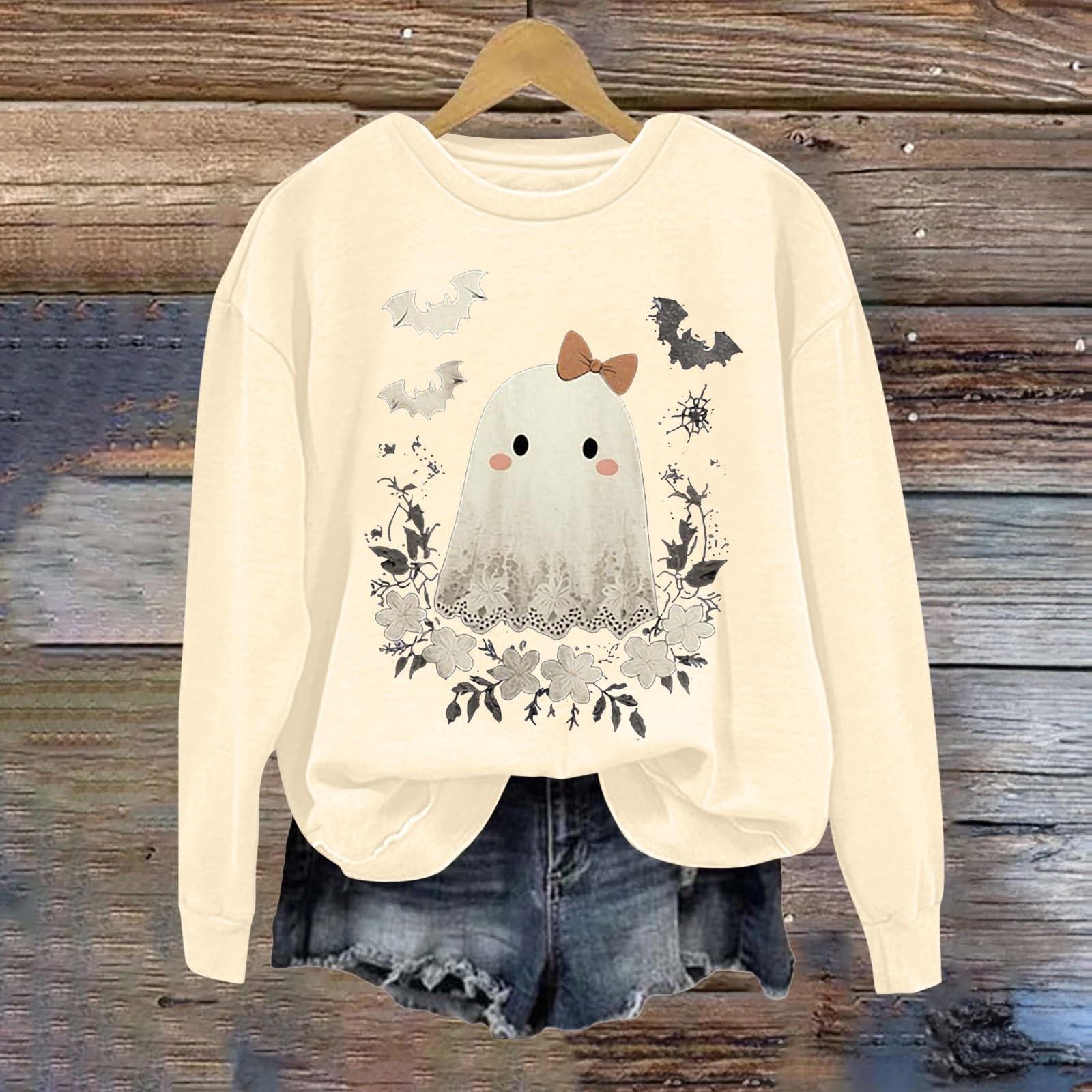 

Женский модный повседневный топ с длинным рукавом и принтом на Хэллоуин, с круглым вырезом L бежевый