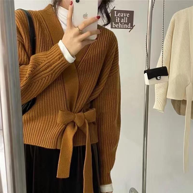 Cárdigan corto de punto con cuello en V y pajarita para mujer, cárdigan de cintura alta, suéter, abrigo, Top con diseño superpuesto, otoño