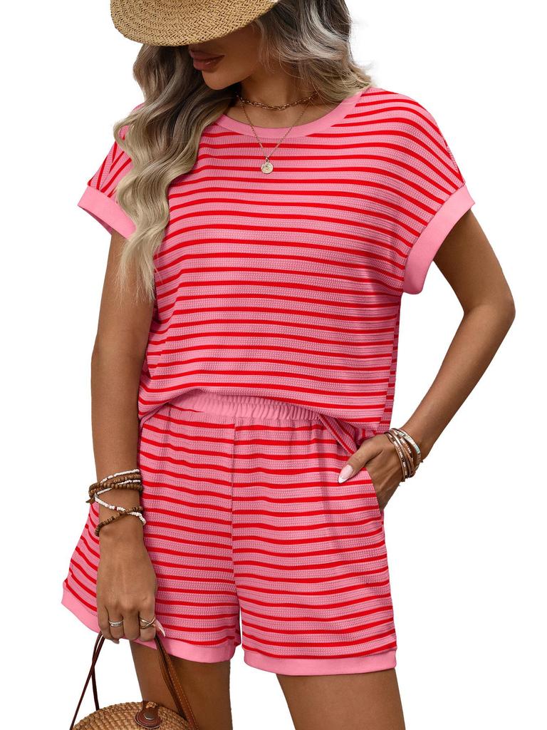 2026 Summer Women's Fashion Round Neck Patchwork Short Sleeve Shorts Casual Two-Piece Set