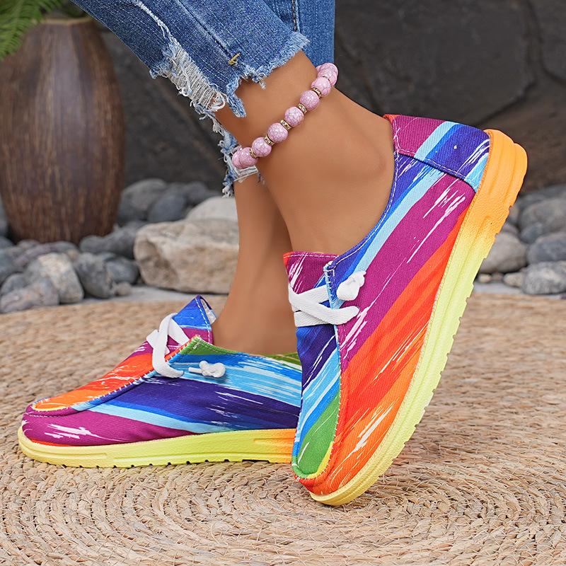 2025 New Plus-size Lace-up Color Low-top Shoes Women's Ethnic Style Graffiti Lazy Canvas Flat Shoes