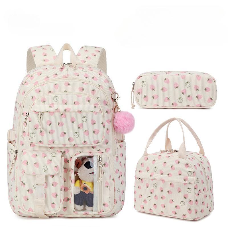 Set de 3 pièces Sac à dos d'école en velours côtelé avec sac à lunch trousse à crayons Sac d'école mignon pour fille Sac à livres Fraise Sac à dos pour adolescents Femmes