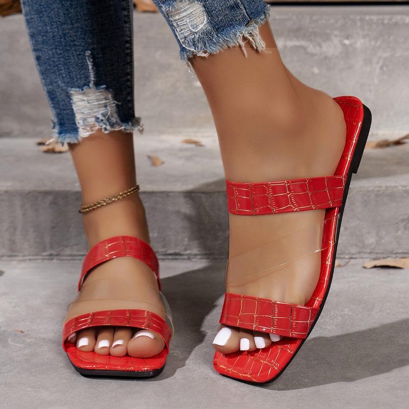 

New flat-bottomed slippers women s toe wear square head one-word sandals women s shoes 43 красный