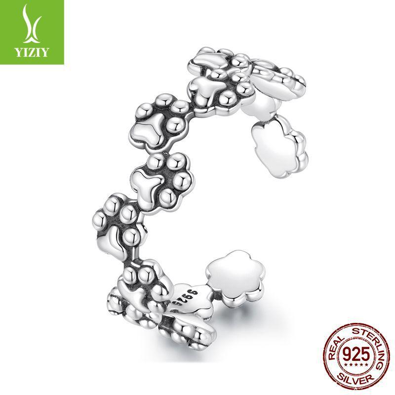 Cute Retro Style Pet Cat Paw Print Open Ring S925 Sterling Silver Paw Print Splicing Ring