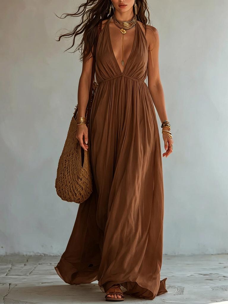 Women's Halter Deep V Neck Empire Waist Flowy Maxi Dress Sleeveless Boho Beach Wedding Guest Long Gown