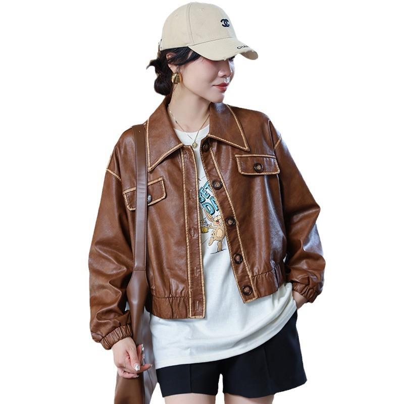 Short Leather Jacket for Women, Spring and Autumn, Small, High-end, Korean Style, Loose, Casual, Versatile, Topstitched Leather Jacket, Coat