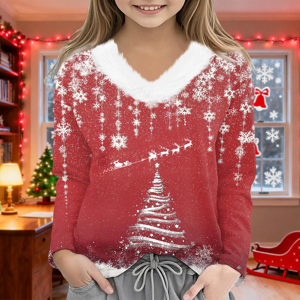 Christmas Day Girls Long Sleeve T Shirts Kids  Girls' V-Neck Tee Christmas Print Long Sleeve Top