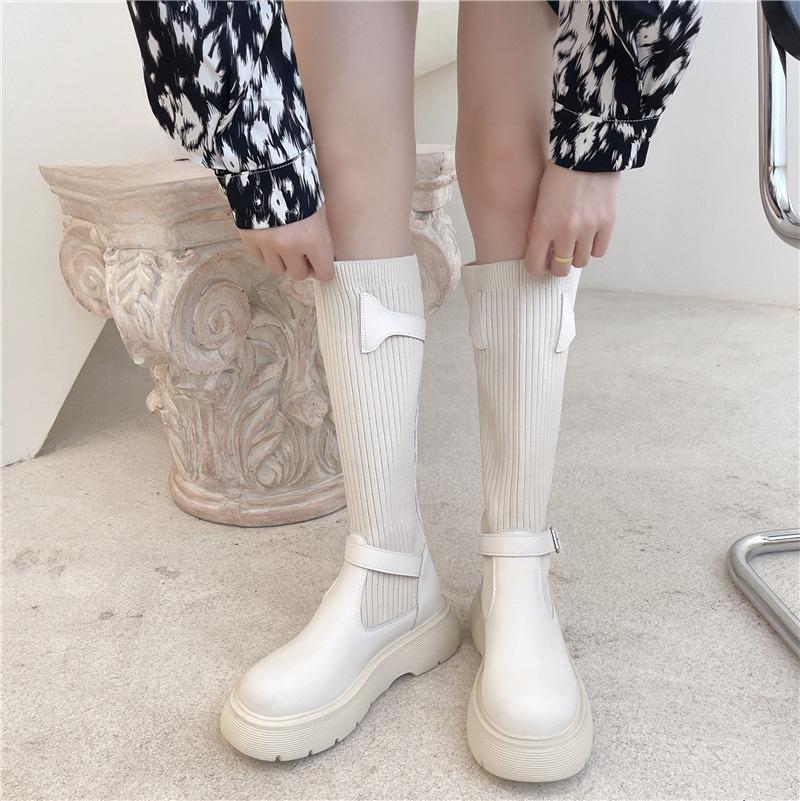 Socks Boots Fashion Round Toe Spliced Knit Breathable Platform Non-Slip Wear-Resistant Block Heel Shoes