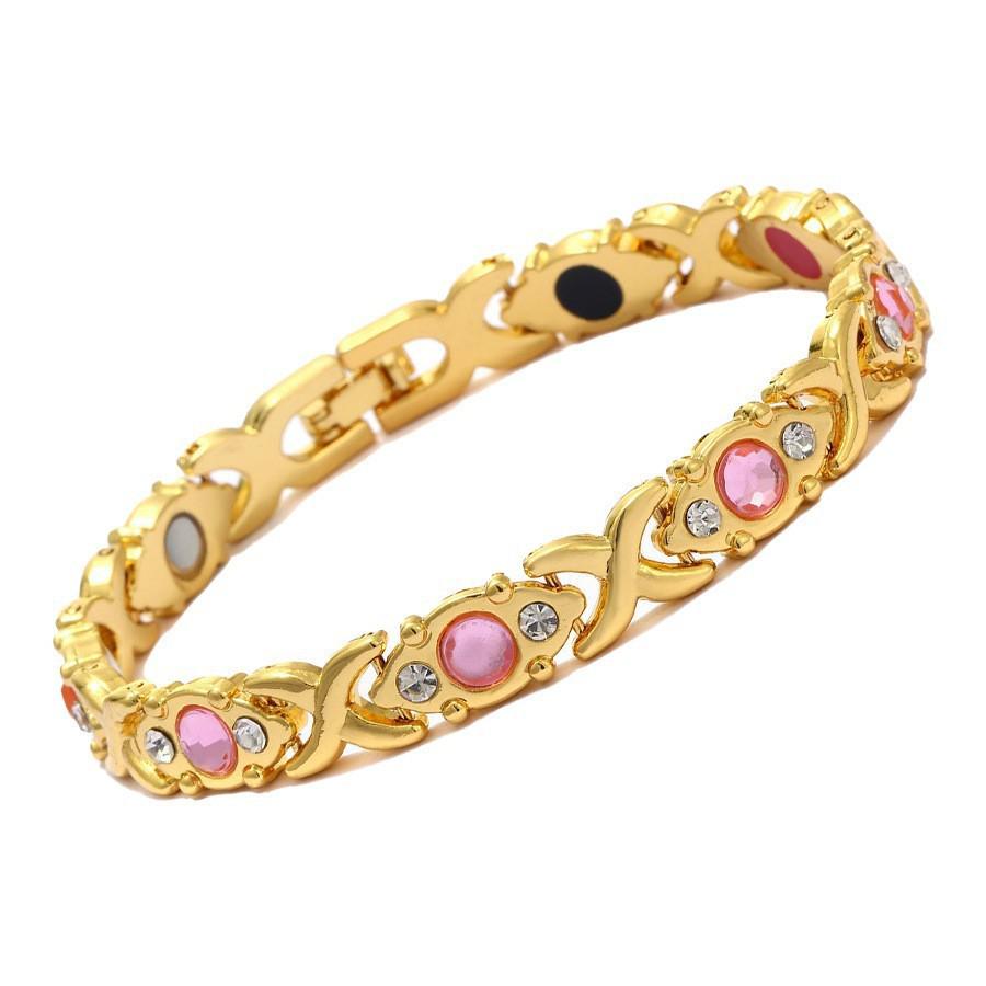 Bracciale Magnetico Europeo e Americano Transfrontaliero con Inlay di Foglie e Diamanti, Rame Rosso Antico, Spazzolato, Regolabile.