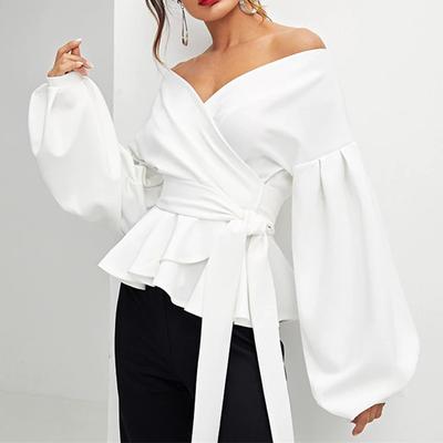 Mulheres Sexy Ombro A Ombro Decote Em V Festa Roupas Moda Elegante Blusas Brancas Camisa Mulheres Mangas Lanterna Lace Up Slim Tops
