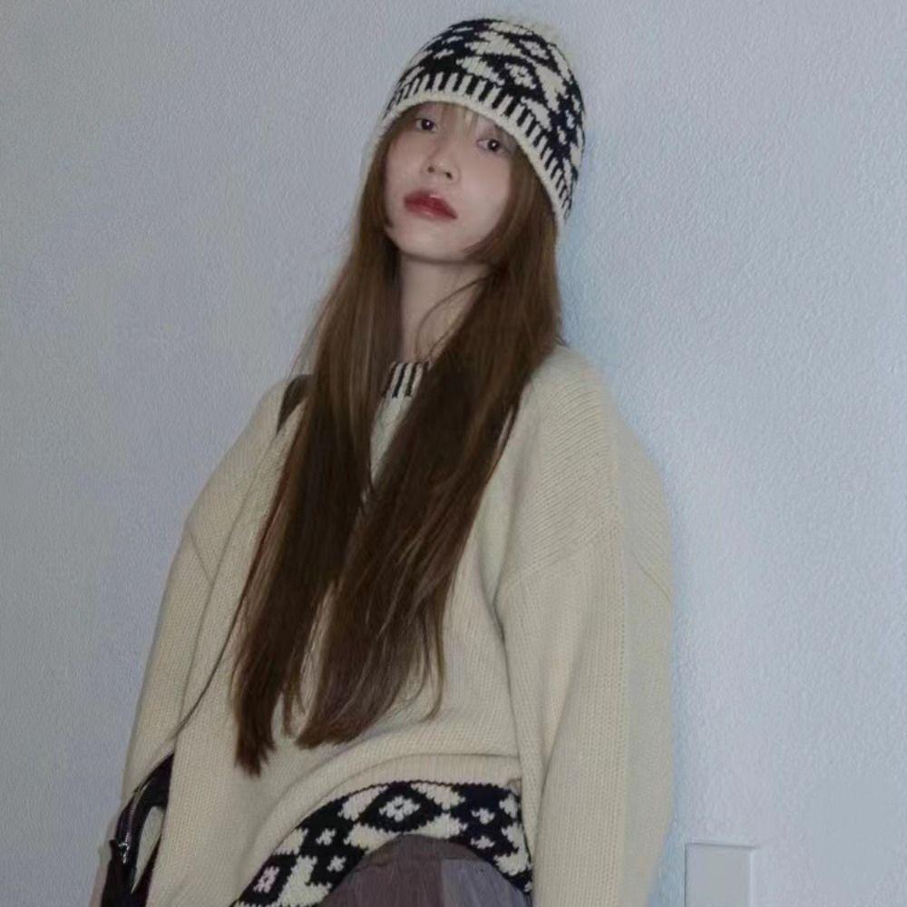 Warm Beanies Grid Printing Knit Cap Sweet Jacquard Knitted Hat Girls
