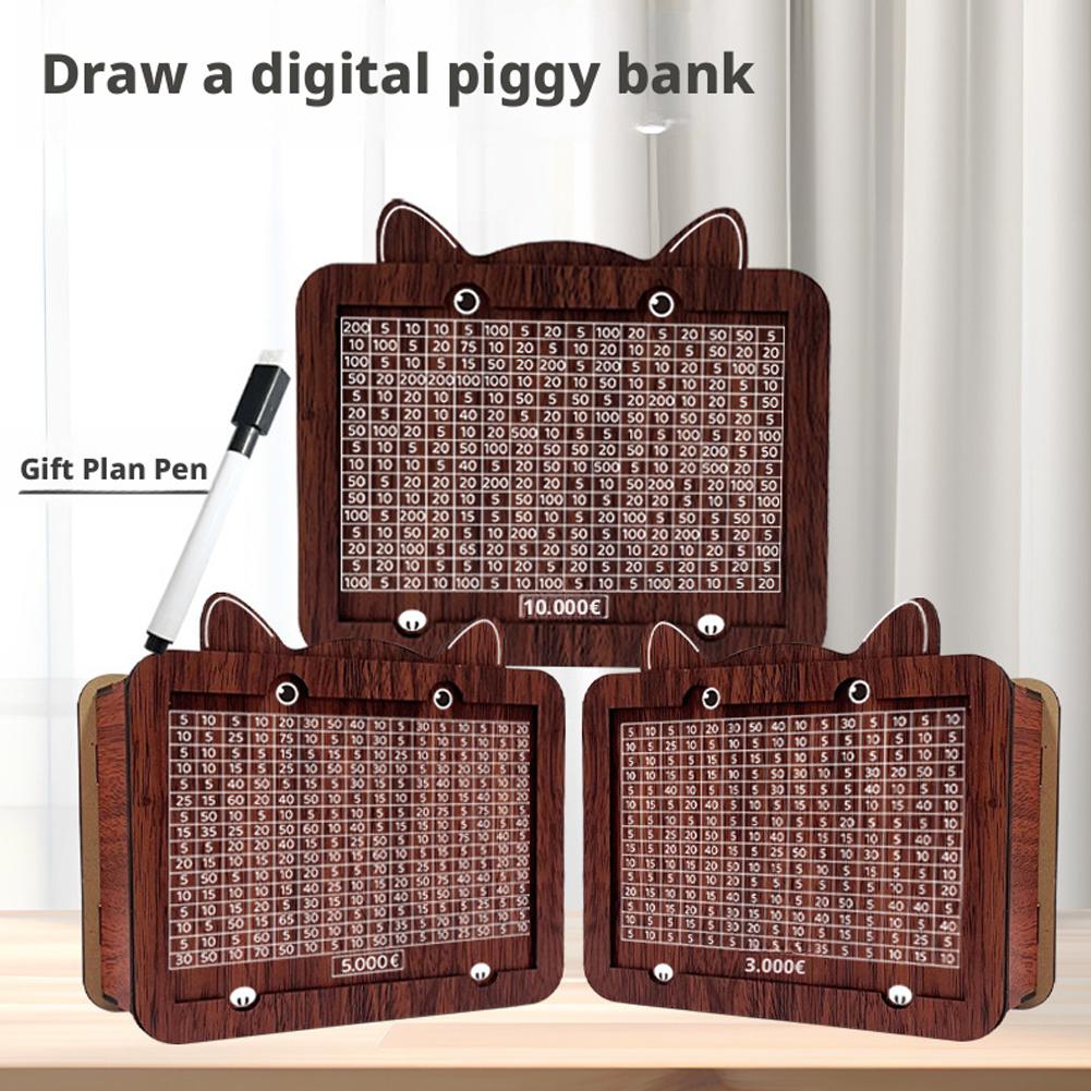Wooden Kitten Bank Money Box 1000/2000/3000/5000/10000 Euro Erasable Savings With Cash Challenge Storage Pen Case U5O8