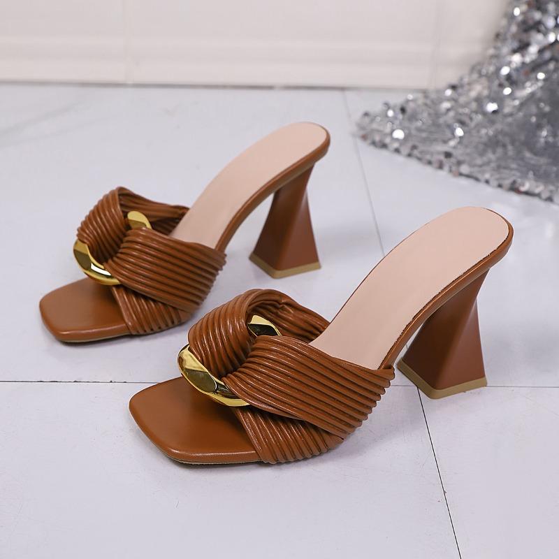 Fashion Square Heel Slippers Summer New Square Toe Metal Buckle Cutout Breathable Non-slip Wear-resistant High Heels