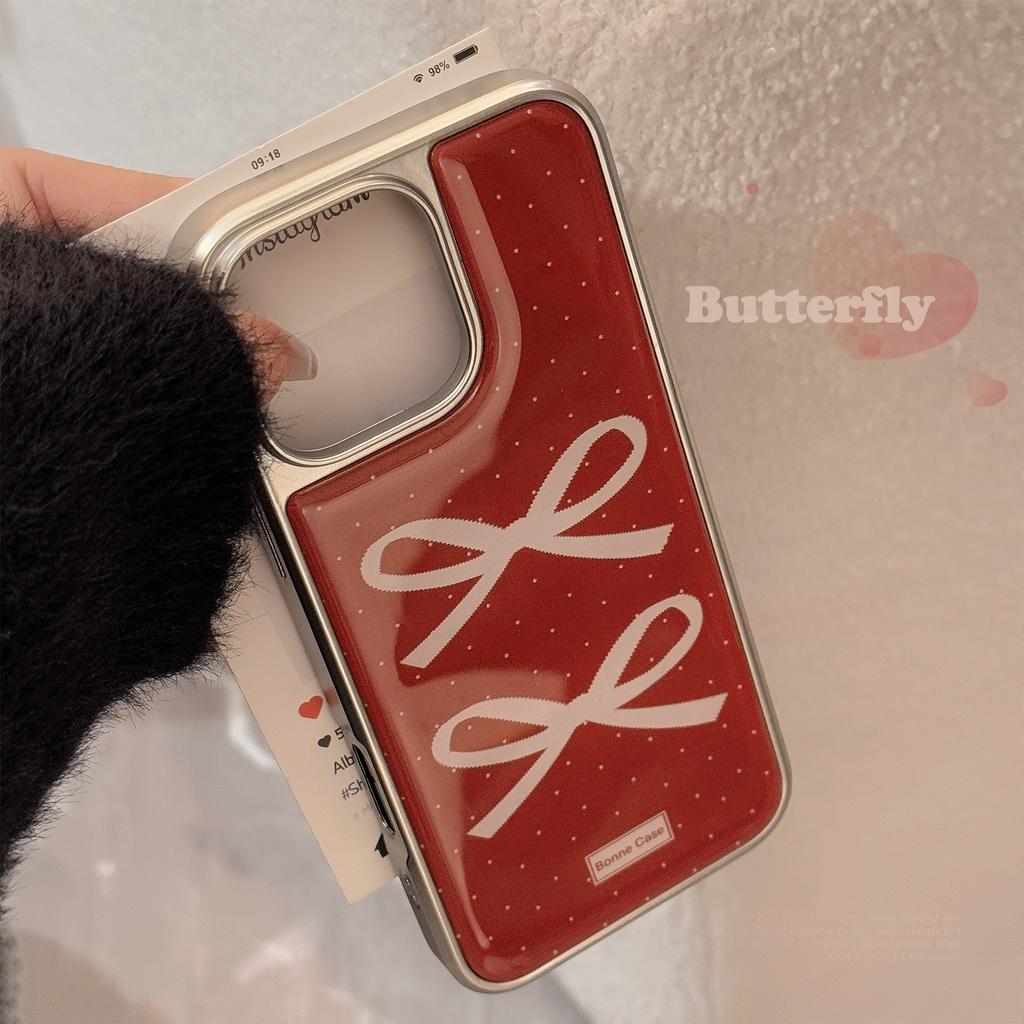 Electroplated Ins Burgundy Retro Bow for 16 Apple 15pro Max Mobile Phone Case Iphone14 Epoxy 17