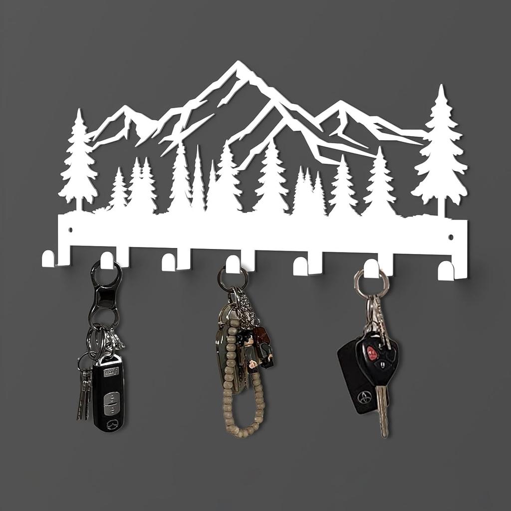 Key Holder Wall Mounted Key Hooks, Black Metal Key Rack Hooks, The Great Grove, Mountain Theme Wall Decoration Hooks, with 7 Hooks, Applicable To