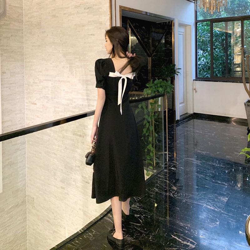 Sommerkleid im lässigen Stil, französisches Retro-Kleid im Hepburn-Stil, schwarzes Sommerkleid, Overknee-Kleid mit Damenkragen