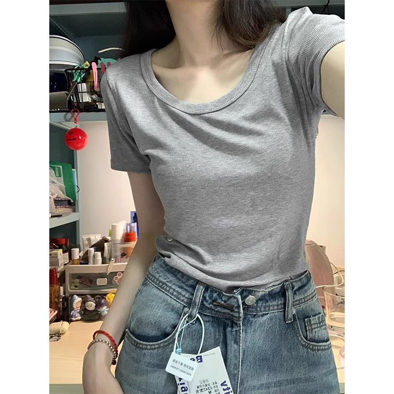 Women's Summer Square Collar Short Sleeve Fitted T-shirt