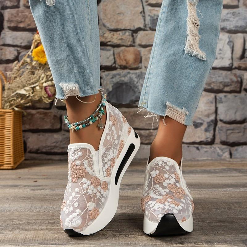 Order a size up. Women's platform wedge sneakers. Mesh floral embroidery sneakers for women. Casual comfortable slip-on heeled shoes for women.