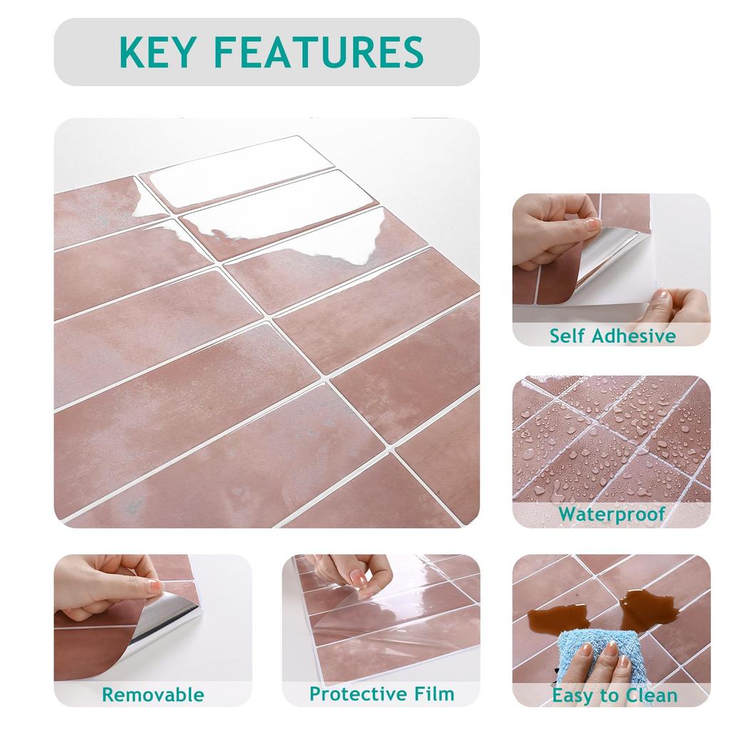 VEELIKE Waterproof Heat-Resistant Tile Sheets, 6 Sheets, 30x30cm, Square, Marble/Brick Pattern, Pink, Glossy, Tile Stickers, 3D Wallpaper Stickers, Re