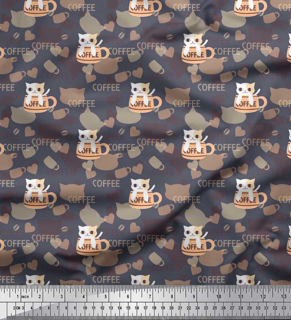 

Тканина Soimoi Japan Crepe Satin Heart, Coffee Cup & Cat Kids Print Тканина на метри 42 дюйма 42 Inch Wide - Poly Crepe сірий колір