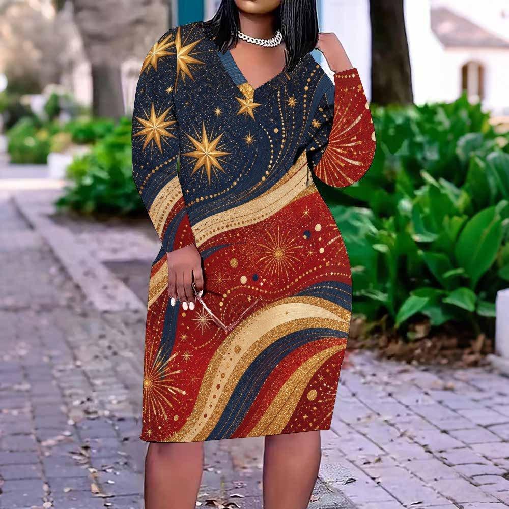 Women Plus Size V Neck Long Sleeve White Red Blue Printed Fitted Dress