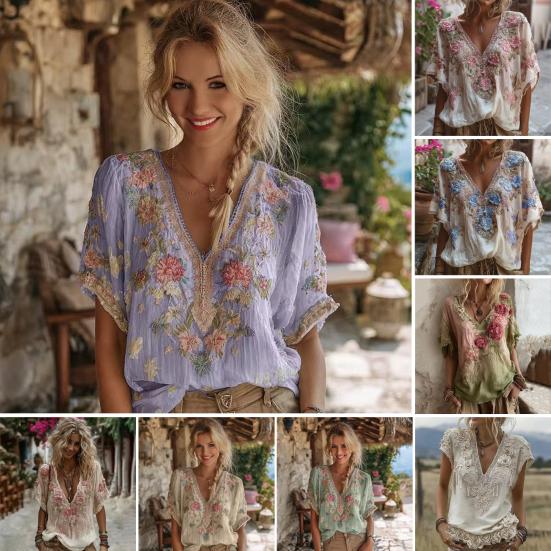 Women Tops 3D Printed Imitation Jacquard V-Neck Short Sleeve Loose Fit Soft Breathable Summer Shirt Daily Wear