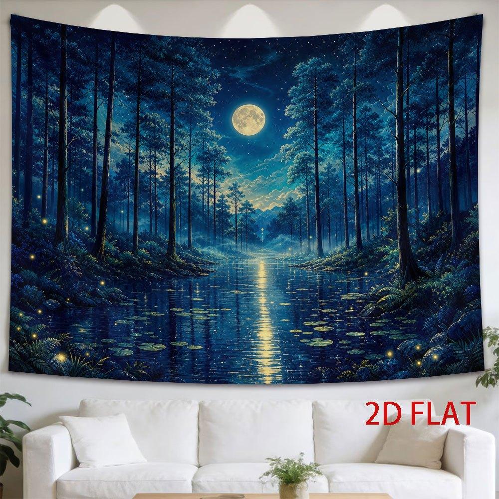 1pc Horizontal Wall Tapestry Suitable for Decor - Moonlit Forest Stream Night Scene with Glowing Fireflies & Full Moon Reflection, Serene Zen Landscap