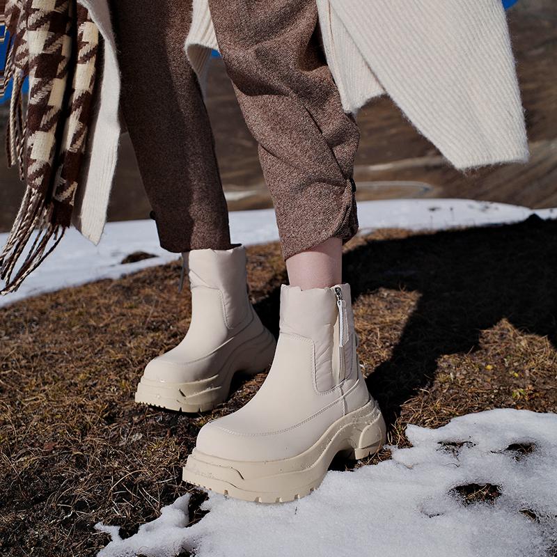 Krazing Pot Cow Leather Wool Blend Winter Round Toe Platform Snow Boots Zipper Women Casual Keep Warm Ankle Boots