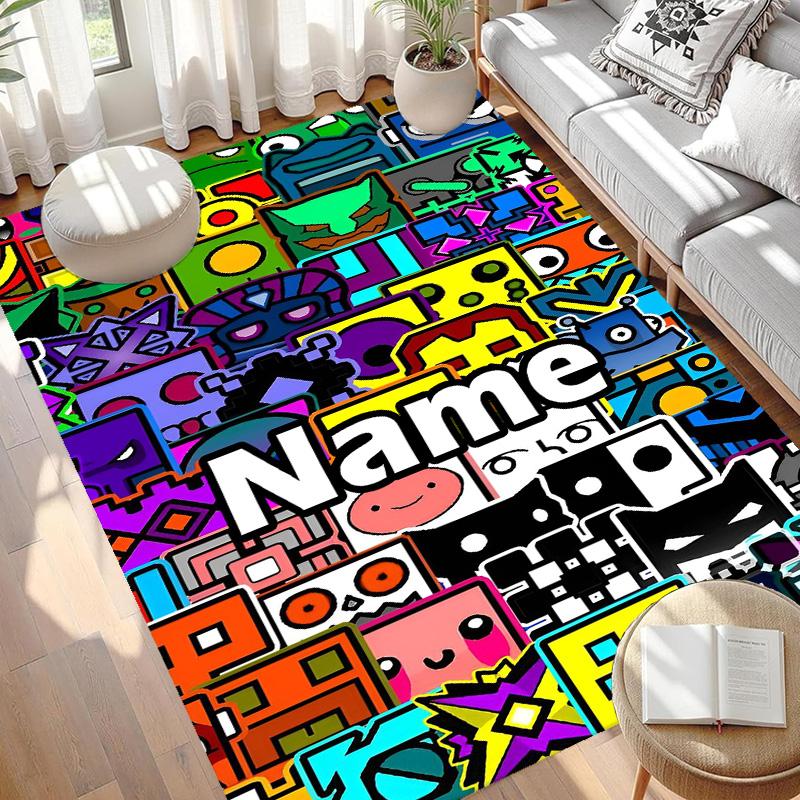 Custom Name Personalized Geometry Dash Print Carpet, Versatile Home Decor Rug, for Playroom, Apartment, Balcony, Entryway, Hallway Gift