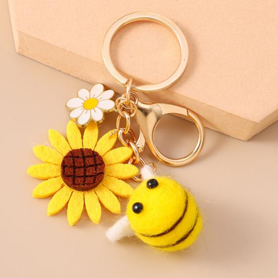 Keychain Vintage Bee Flower Design Handbag Pendant Bronze Buckle Faux Leather Charm Keyring Bags