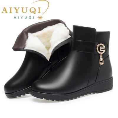 Snow Boots for Women Genuine Leather Warm Wool Winter Boots for Women Flat Bottom Large Size Non Slip Mom Boots