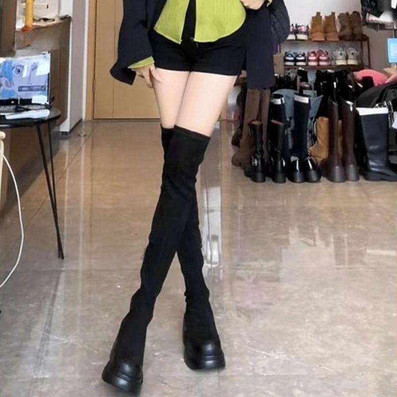 American knee boots women's autumn thin thick heel thick sole elastic thin long boots small high heel thin boots ins