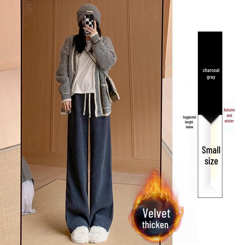 Women's High-Waisted Black Fleece-Lined Floor-Length Pants - 145cm, Straight-Leg/Narrow/Wide-Leg, Autumn/Winter, Petite 150