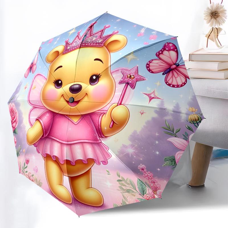 1pc Sturdy 8-Bone Auto Umbrella, Pooh Bear Pastel Forest Floral Umbrella, Digital Printed, Foldable Umbrella for On-the-Go Outdoor Use