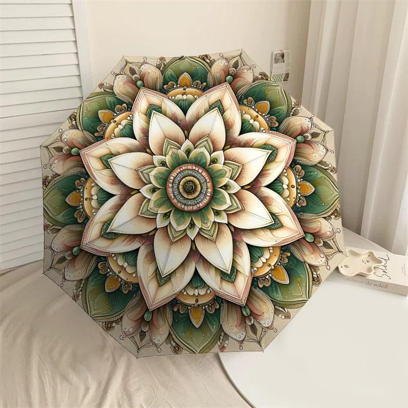 

1PC Lotus Mandala Umbrella-8-Rib Reinforced, Automatic Open, Lightweight & Durable, Cute Fashion Accessory for Outdoor, Beach, or Casual Use, Beach Um