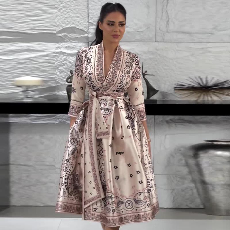 2024 Autumn Bohemian V-Neck Tie Waist Women's Dress