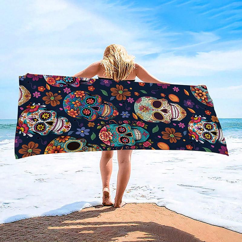 Buntes Zuckerschädel-Strandtuch Design Gemustert Sonnenschutz Und Winddicht Geeignet Für Schwimmbad Camping Reise Decke