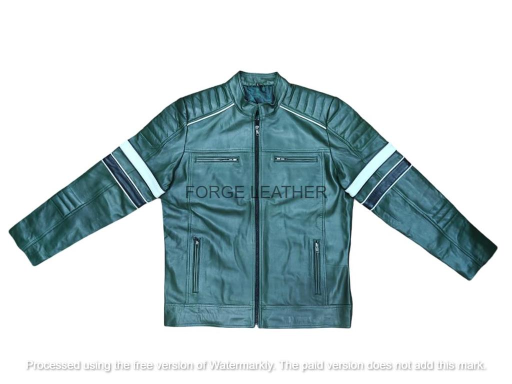 Motorcycle Men's Genuine Lambskin Handmade Leather Biker Festive Green Jacket