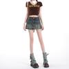 High Waist Denim Skort Women A-Line Short Skirt With Hidden Shorts Stretchy Vintage Blue Ripped Design